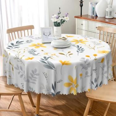 Imagem de TTQYFNM Toalha de mesa redonda rústica floral selvagem 178 cm flores amarelas azul cinza folhas botânicas plantas circulares toalha de mesa de tecido impermeável capa de mesa para cozinha, jantar