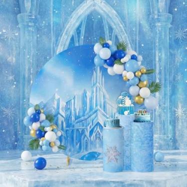 Imagem de Mindsoft Conjunto de 3 capas de suporte cilíndrico de elastano floco de neve para festas, capas de pedestal de cilindro de inverno, capa de fundo de castelo redonda de 2,2 m para decoração de festa de