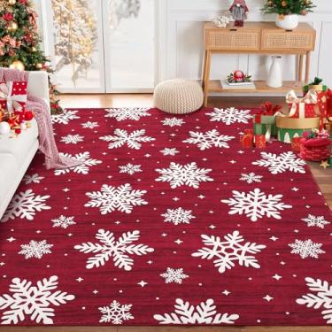 Imagem de GarveeHome Tapetes de área de Natal, 10 x 15 cm, laváveis com floco de neve, para sala de estar, antiderrapante, macio, tapete decorativo de Natal para cozinha, entrada, quarto, berçário, vermelho