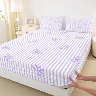 Imagem de Jogo de cama com laço roxo e listras com laço roxo para decoração de quarto de meninas e meninos, 2 lençóis com 1 fronha, sem cima de cima, solteiro
