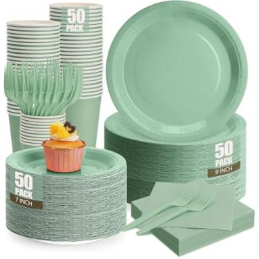Imagem de CENLBJ Pratos e guardanapos verdes sálvia, inclui prato de papel descartável vinho de 23 cm, conjunto de pratos de sobremesa e copos e guardanapos para chás de bebê, aniversário, casamento, serve 50
