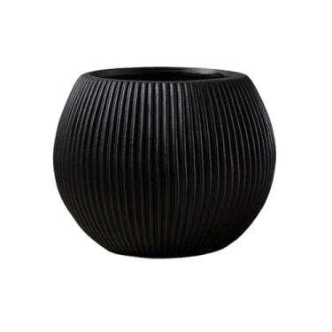 Imagem de KEG801302 Vaso de flores redondo, preto, com listras, vaso de argila de magnésio para decoração de varanda frontal e pátio, plantas internas e externas