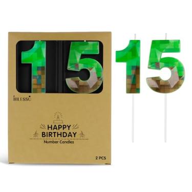 Imagem de Vela de aniversário pixel, velas com número mineiro de 6,8 cm, decoração de aniversário com tema de jogo, para festa de videogame dinamite com tema pixel, aniversário, aniversário (verde, 15)