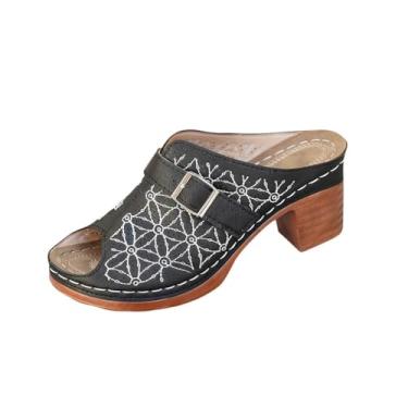 Imagem de Sandálias femininas bordadas com fivela de metal e salto grosso Peep Toe para um visual elegante, Preto, 38