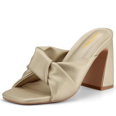 Imagem de DIFEMA Sandálias femininas de salto grosso, bico aberto, bico aberto, bico quadrado, Dourado, 37