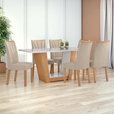 Imagem de Mesa 1,70 Apogeu Com Vidro E 6 Cadeiras.apogeu Veludo Naturale Creme Amêndoa Clean/off White