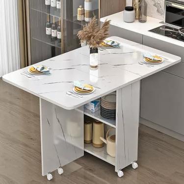 Imagem de Mesa de jantar dobrável extensível, mesa dobrável moderna, mesa de jantar com 8 rodas e prateleira de armazenamento de 2 camadas, mesa expansível multifuncional para cozinha, quarto, sala de estar