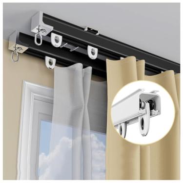 Imagem de Conjunto de varão de cortina de teto de trilho duplo resistente - trilhos de cortina deslizantes de alumínio de 4 m para divisor de quarto, suporte de teto, preto - ideal para separação de janelas e