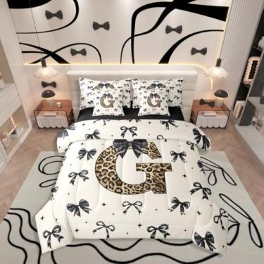 Imagem de Jogo de cama casal com estampa de leopardo com letra G, 7 peças, lençol com laço preto coquette e estrelas kawaii, inclui edredom, conjunto de lençol, fronhas e fronhas, estampa de chita marrom