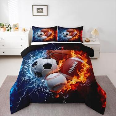Imagem de Feelyou Conjunto de edredom esportivo para meninos, tamanho casal, beisebol, futebol, basquete, basquete, decoração esportiva, microfibra ultramacia e respirável