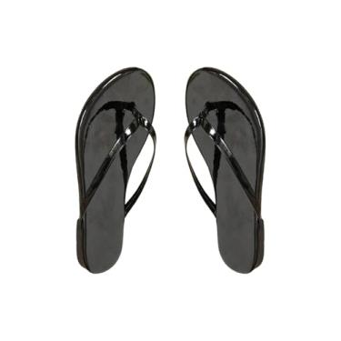 Imagem de GORGLITTER Chinelo feminino de verão, férias, praia, tiras, bico aberto, de couro, tanga plana, Preto, 37