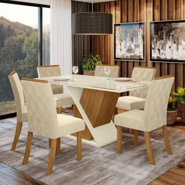 Imagem de Conjunto Jantar Tampo Mdf Canto Reto Vidro 160 Cm 06 Cadeiras Sabrina Henn Nature Off White Linho