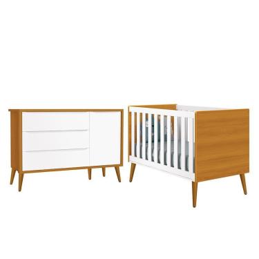 Imagem de Jogo De Quarto Infantil Theo Retrô Cômoda 1 Porta E Berço Branco Savana Com Pés Amadeirado Reller Móveis Branco Savana