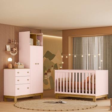 Imagem de Quarto de Bebê com Berço Slim e Guarda Roupa com Cômoda Flora Rosa Qmovi