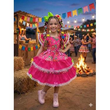 Imagem de Vestido Infantil Junino Quermesse Caipira Pink - Tecido Tecnosport Plu