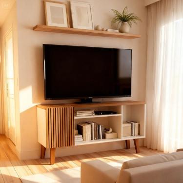 Imagem de Rack para Tv até 55 Polegadas Retro 1 Porta Ripada branco e amadeirado