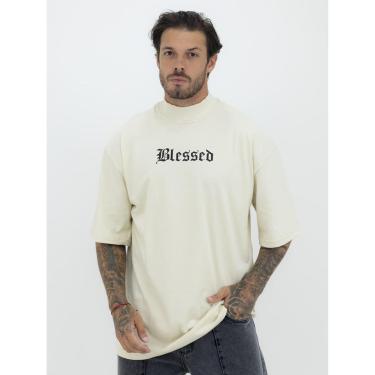 Imagem de Camiseta Oversized Gola Alta Estampa Abençoado Streetwear Algodão Premium Creme-Masculino