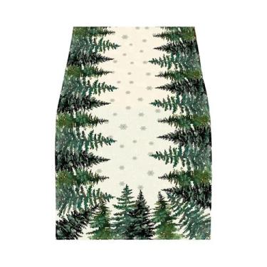 Imagem de Caminho De Mesa De Linho Floresta Verde Com Flocos De Neve Decoração P