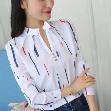 Imagem de Blusa Feminina Casual de Manga Comprida com Listras Brancas - Estilo S
