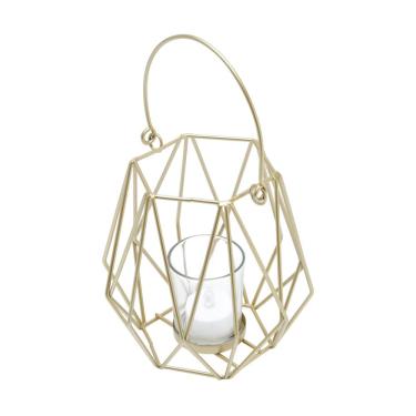 Imagem de Lanterna Porta Vela de Metal Aramado Dourado C/Alça e Copo de Vidro 15x15cm Royal Decor