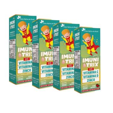 Imagem de Kit 4 ImuniTrix Infantil Vitaminas C D Zinco 4x30ml Morango Flora Nativa-Unissex