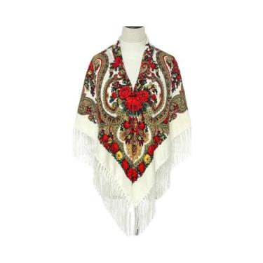 Imagem de Lenço Feminino Retrô De Algodão Estampado Com Franjas 51x51in, Xale, H