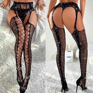 Imagem de Meias De Rede Femininas Com Strass E Abertura Na Virilha, Com Ligas, M