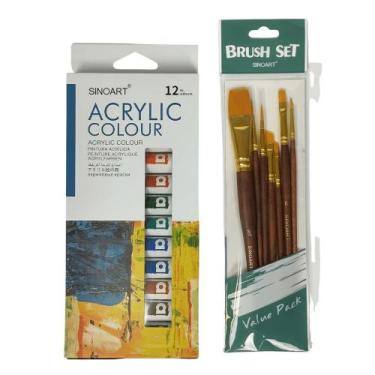 Imagem de Kit Tinta Acrílica Sinoart 12 Cores + Pincéis, Kit Pintura Acrílica