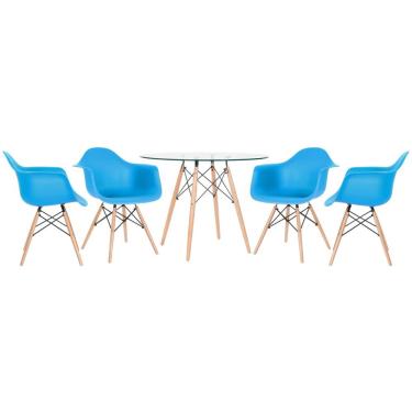 Imagem de Kit - Mesa Eames com tampo de vidro 100 cm + 4 cadeiras Eiffel daw Azul céu