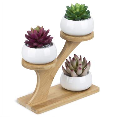 Imagem de OUSHINAN Mini vaso de jardim de coruja branca decorativo para berçário plantas suculentas com bandeja de bambu de 3 camadas para decoração de sala, 3 Tier With Stand