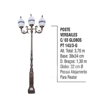 Imagem de Poste Colonial Versailes Jardim de Alumínio 03 Globo 3,70m