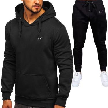 Imagem de Conjunto em Moletom Blusa Canguru e Calça para Frio Adulto - Preto - Novidade