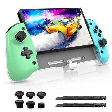 Imagem de NexiGo Gripcon, controle OLED aprimorado para modo portátil, controle ergonômico para Nintendo Switch OLED com giroscópio de 6 eixos, mapeamento, vibração (verde e azul)