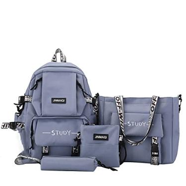 Imagem de Conjunto de mochila de casal 4 em 1 Harajuku mochila de viagem ao ar livre bolsa de lona de grande capacidade com bolsa de moedas, estojo de lápis, azul, 43 x 30 cm