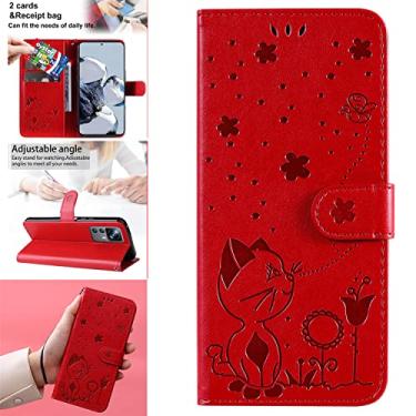 Imagem de Capas de telefone de negócios de luxo compatíveis com Xiaomi 12T 12T Pro capa de couro em relevo gato abelha slots para cartão carteira clipe capas à prova de choque (vermelho, Xiaomi 12T Pro)