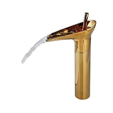 Imagem de LIDON Torneira de vaidade Torneira antiga Torneira de cachoeira Torneira de vaidade do banheiro Torneiras de cachoeira de furo único para pia de banheiro Torneira de cachoeira de latão antigo para pia, preto (cor: dourado)