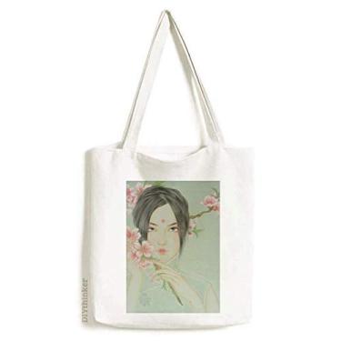 Imagem de Bolsa de lona com flor de pêssego beleza chinesa aquarela sacola de compras casual bolsa de mão
