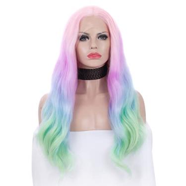 Imagem de Peruca multicolorida ombré sintética lace frontal, peruca feminina resistente ao calor