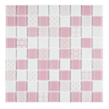 Imagem de Pastilha de Vidro Mesclada 30cm x 30cm Patchwork Glass Mosaic (placas) Branco/rosa