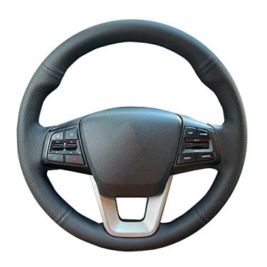 Imagem de Capa de volante de carro couro preto costurado à mão, para Hyundai ix25 2014-2016