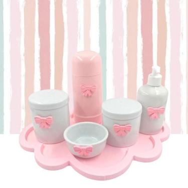 Imagem de Kit Higiene Porcelana Nuvem Rosa Tema Lacinho Garrafa Rosa 6Pçs - Tg D