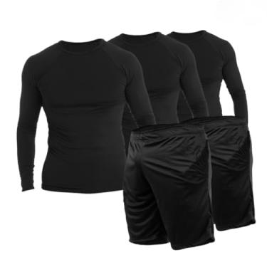 Imagem de 3 Camisetas Térmica Segunda Pele + 2 Calções Masculino Bermuda com Bolso Proteção UV (G, Preto)