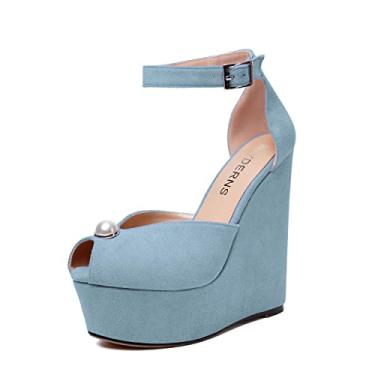 Imagem de WAYDERNS Sapato feminino de camurça peep toe casamento tira no tornozelo plataforma sexy fivela cunha salto alto sapatos 6 polegadas, Azul claro, 7.5