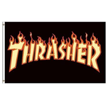 Imagem de Bandeira de revista de skate Thrasher 0,9 x 1,5 m com 2 ilhós para decoração de parede de garagem bandeira de poliéster caverna masculina