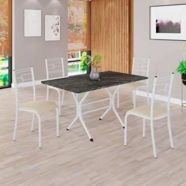 Imagem de Conjunto Sala de Jantar Mesa Retangular 120x75cm Tampo Pedra Ardósia Indiana 4 Cadeiras Paraty Creme / Branco