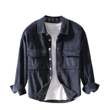 Imagem de Camisa masculina de veludo cotelê cáqui azul manga longa algodão agasalho vintage bolsos botões camisa cargo masculina solta, Azul, GG