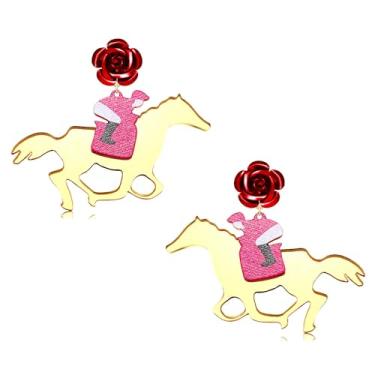 Imagem de Brincos Kentucky Derby para mulheres, traje de equitação Derby, brincos de ferradura, dia de corrida de cavalos, brincos com pingente de gota de flor rosa Kentucky Derby, acessórios para roupas e