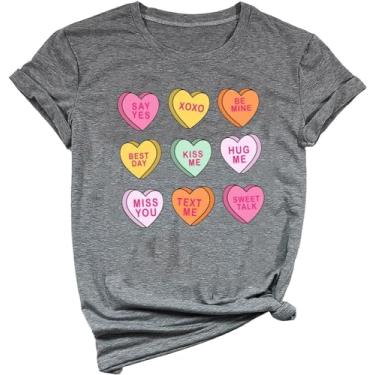 Imagem de SUEOSU Camiseta feminina retrô Love Valentines Day Be Mine Cute Coffee Latte Valentine Aquarela Pink Hearts Graphic Tee., Cinza - 1, M