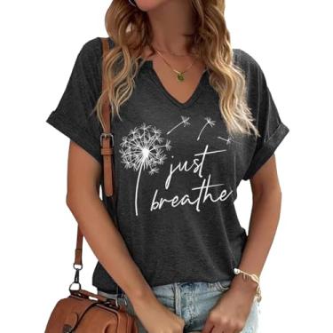 Imagem de Dandelion Shirts Camiseta feminina com gola V e girassol flores silvestres estampa casual, Cinza escuro - 2, GG