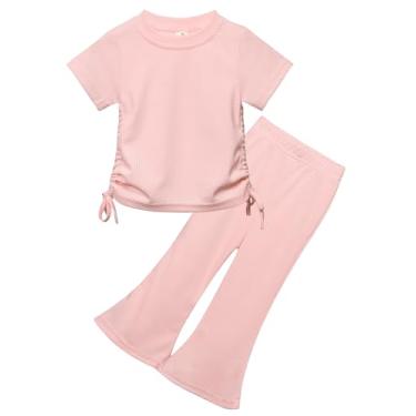 Imagem de SEAUR Conjunto de camiseta e calça de manga curta para meninas com nervuras, camiseta e calça de perna larga, conjunto de 2 peças, A - rosa, 7-8 Anos